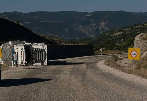 Ordu'da Virajı Alamayan Tır Yan Yattı
