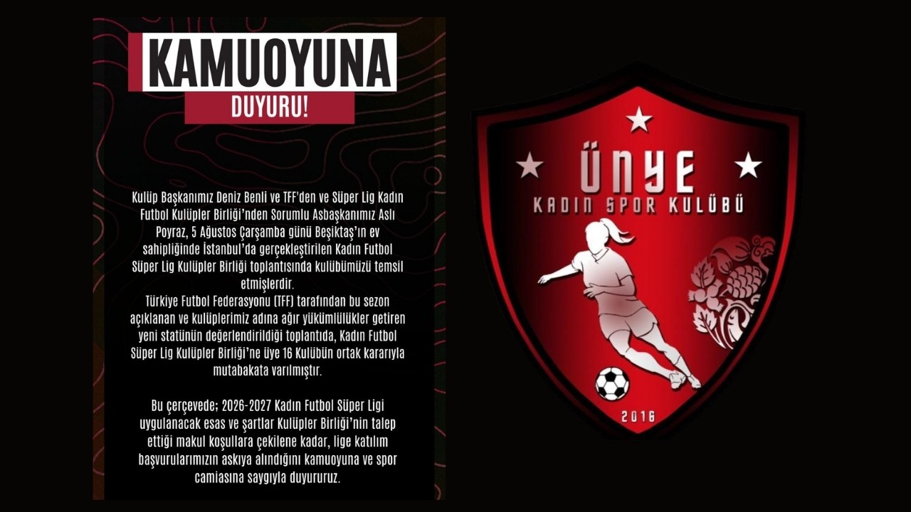 Ünye Kadın Futbol Kulübü Süper Lig Başvurusunu Askıya Aldı