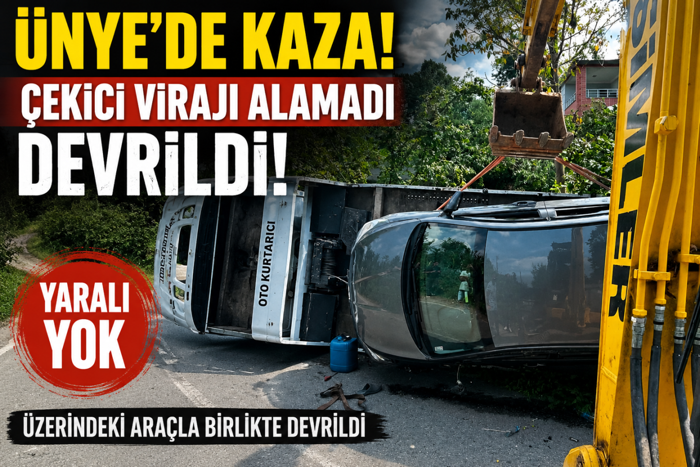 Ünye’de Çekici Virajı Alamayınca Devrildi